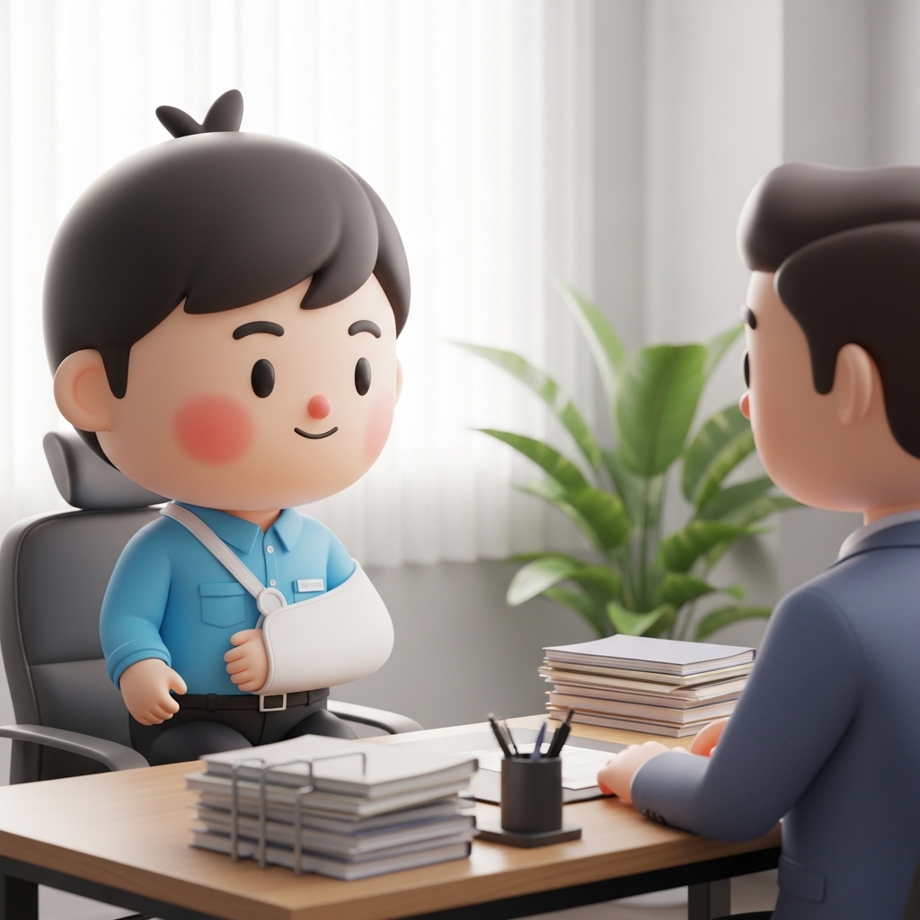 산재 상담을 위해 서류를 들고 상담받는 모습