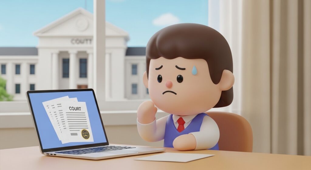 인터넷으로 개인회생 법원 정보를 찾아보며 고민하는 장면