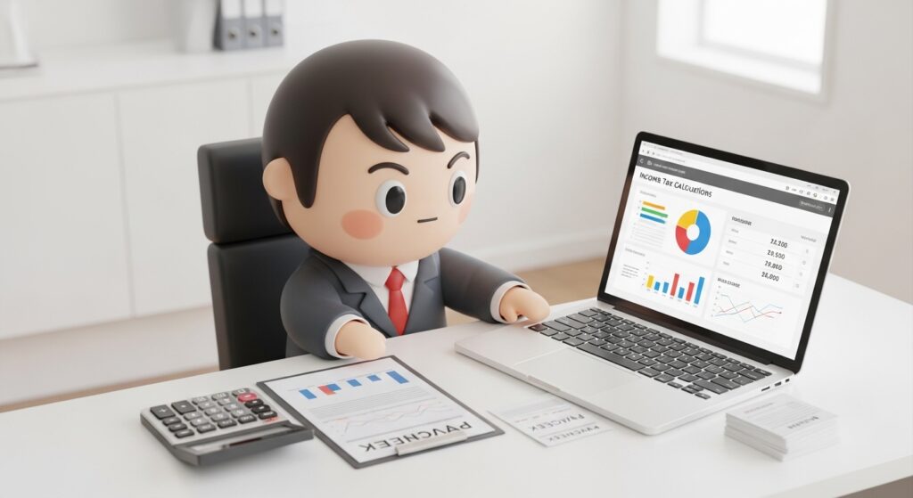 급여 명세서를 보며 소득세 계산을 확인하는 장면