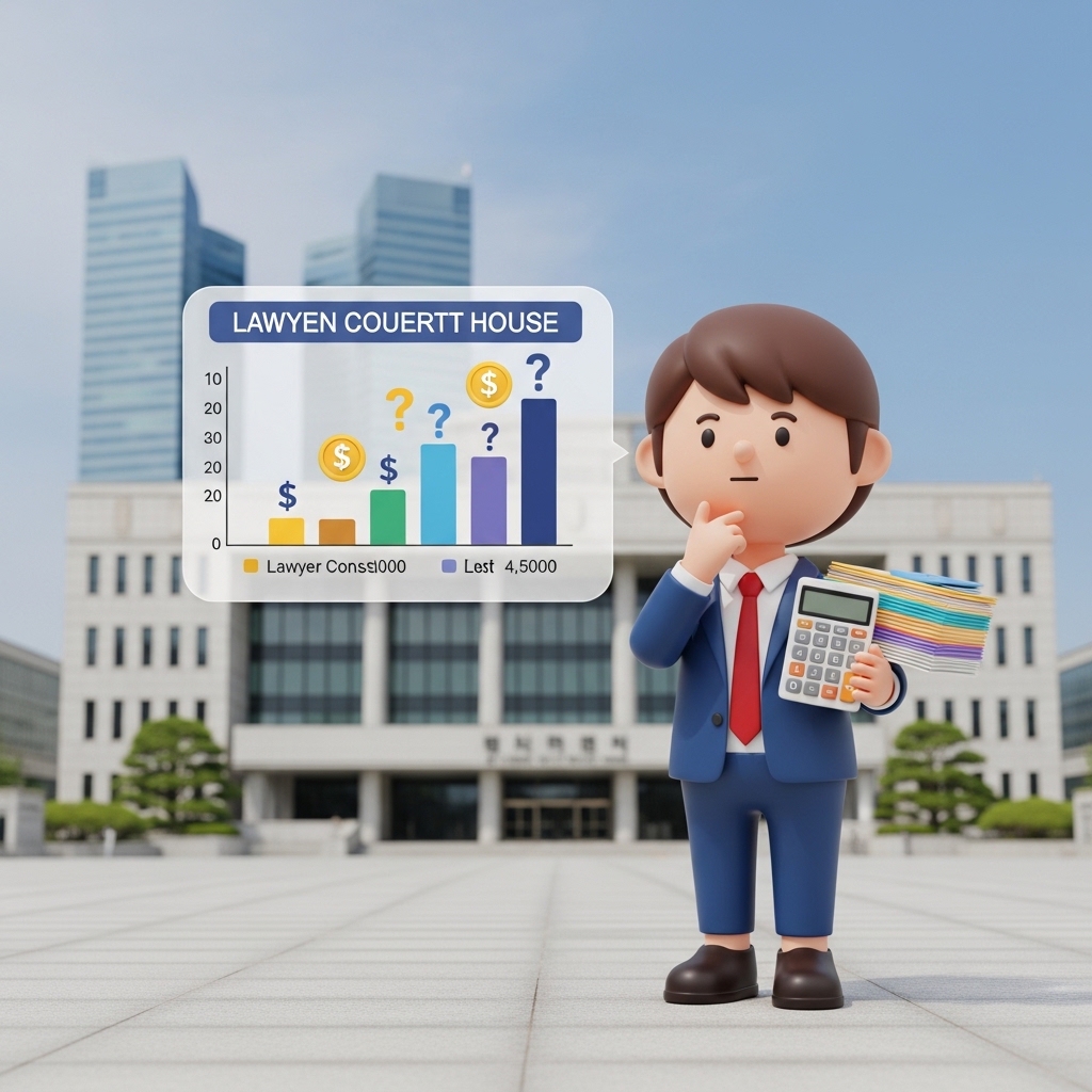 법원 앞에서 변호사 비용을 비교하는 모습