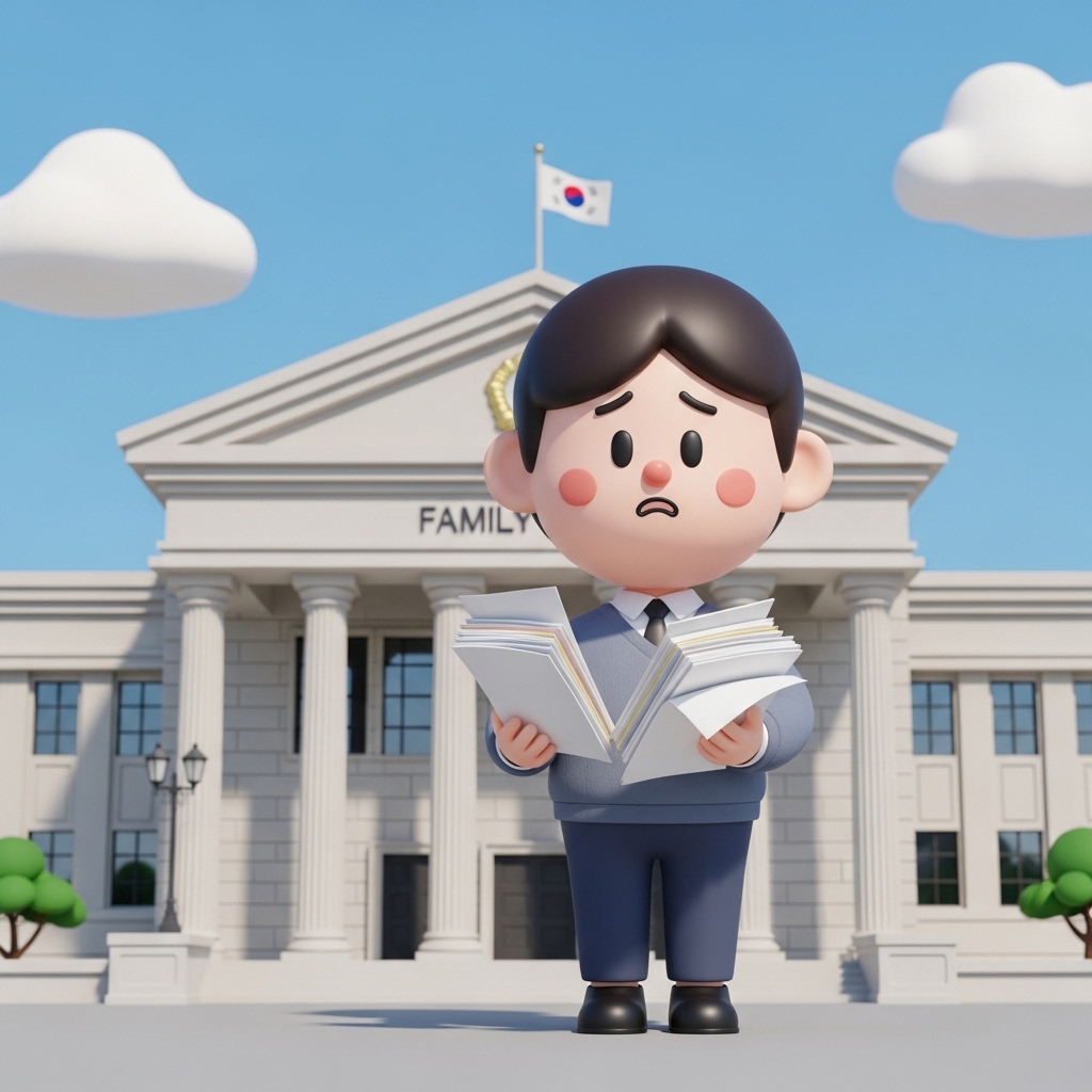 가정법원 서류를 들고 법원 앞에서 고민하는 모습