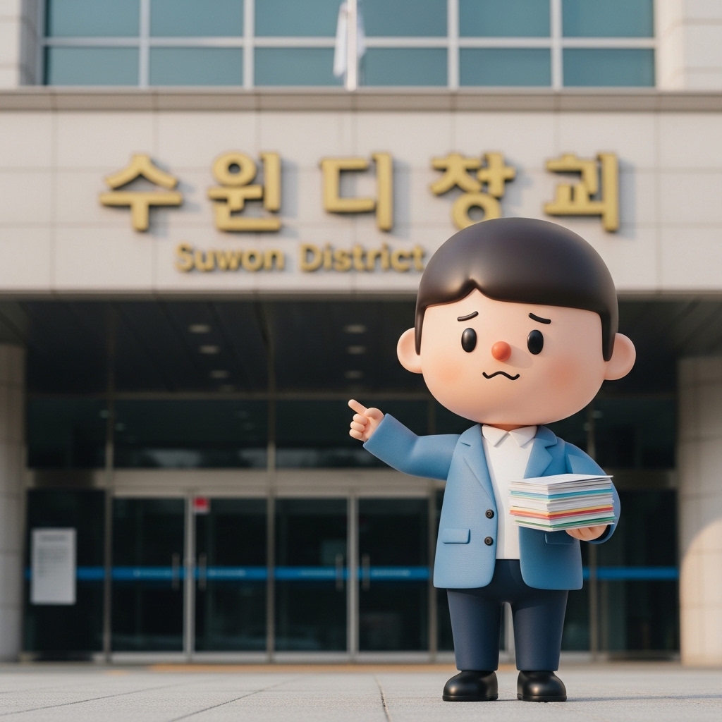 법원 건물을 확인하며 개인회생 서류를 들고 있는 모습