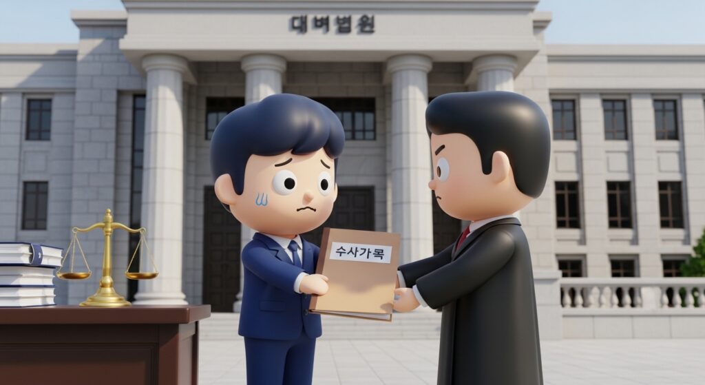 사건 기록이 검찰로 넘어가는 상황을 확인하며 서류를 보는 장면