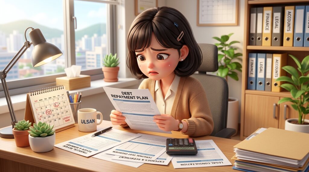 채무 서류를 펼쳐두고 상담을 고민하는 모습