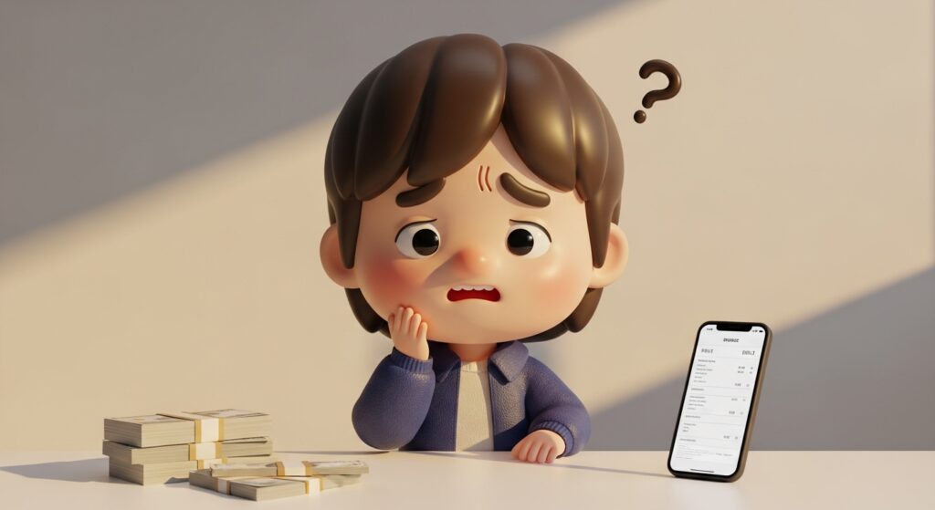 카드값과 통신비를 보며 고민하는 귀여운 3D 캐릭터 장면