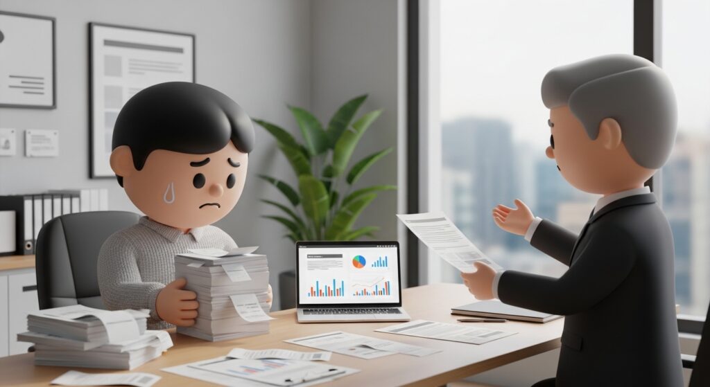 채무 서류를 보며 상담을 고민하는 장면