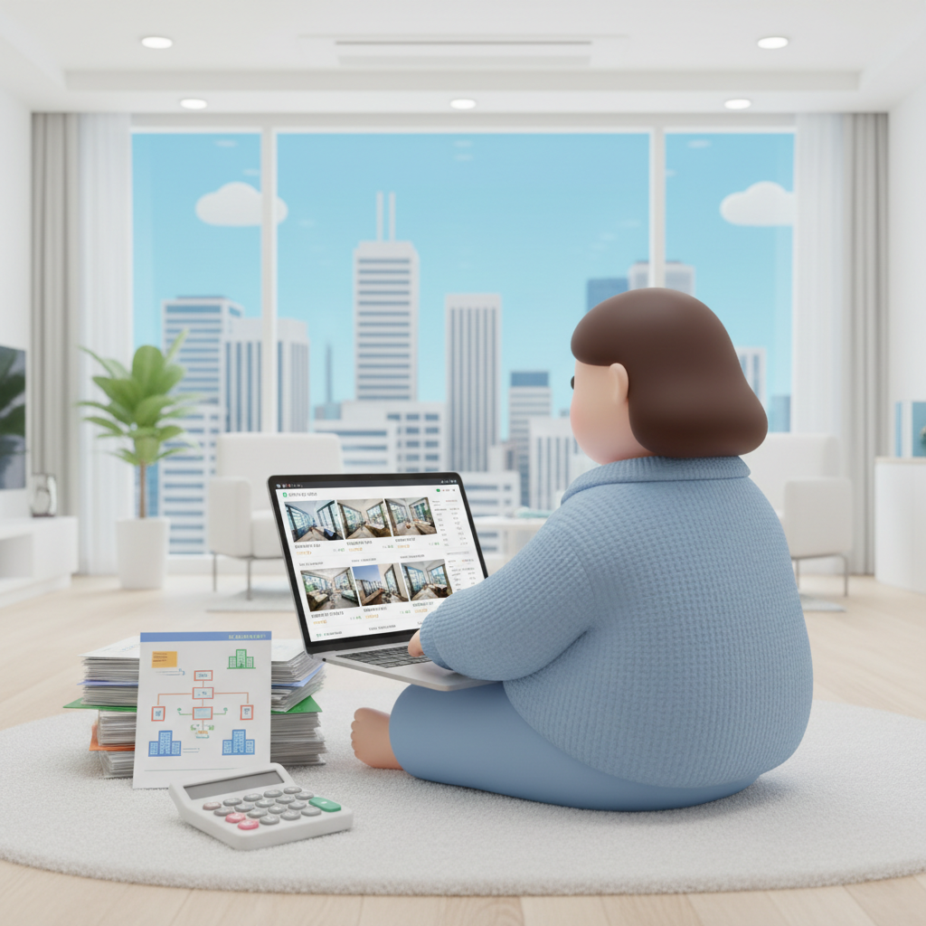 노트북으로 아파트 경매 물건을 조회하는 모습