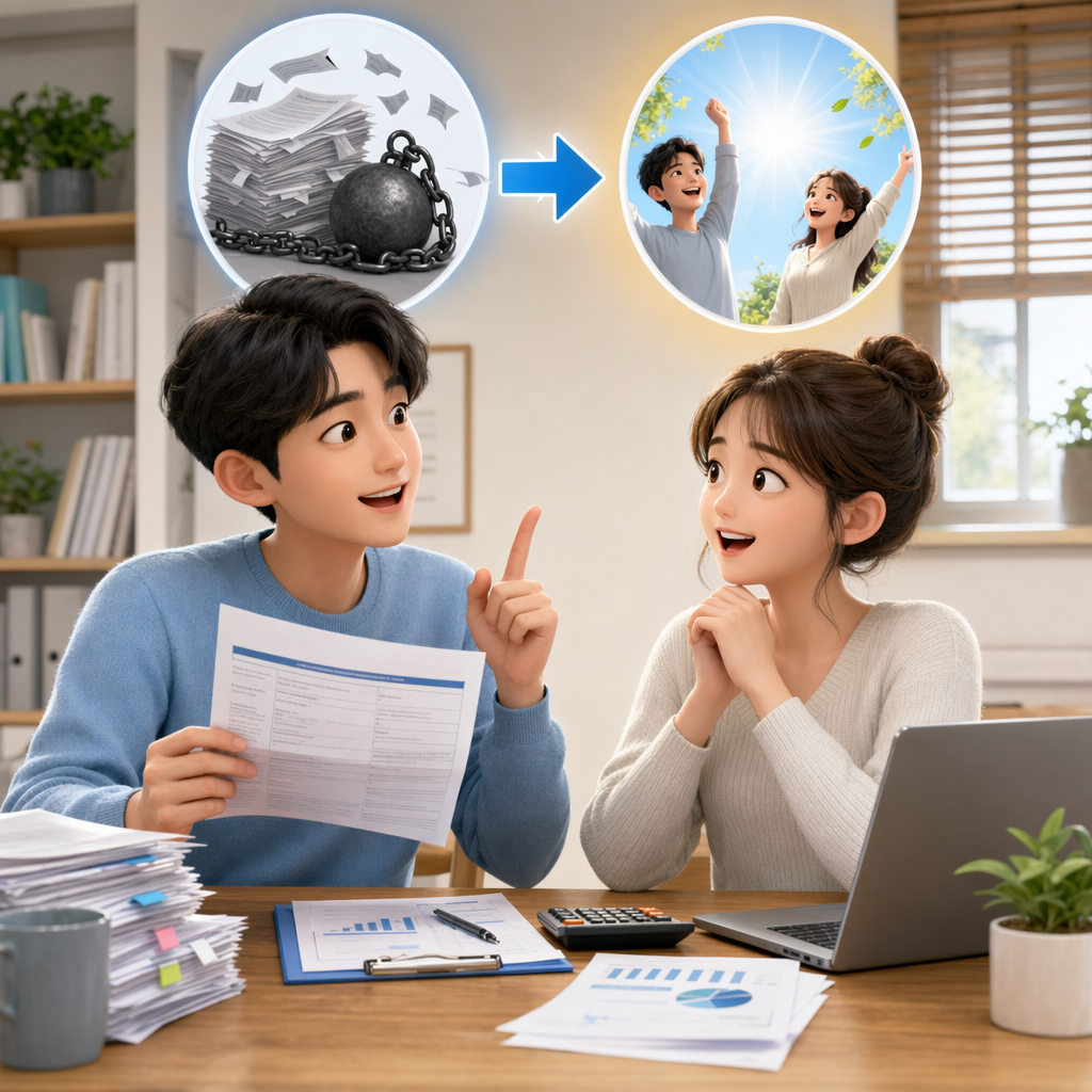 개인회생파산에 대한 의견을 나누고 있는 남녀의 모습