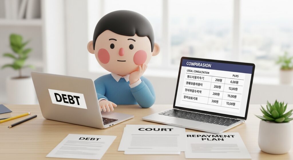 서류와 비용을 비교하며 개인회생 상담을 고민하는 장면