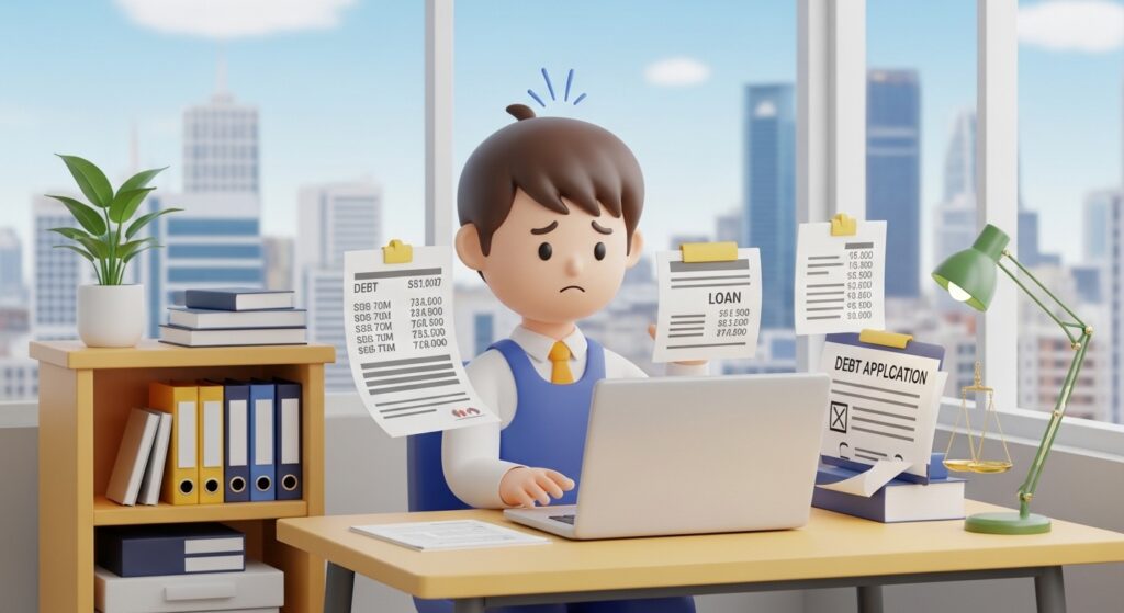 채무 서류를 보며 부산개인파산 절차를 확인하는 장면