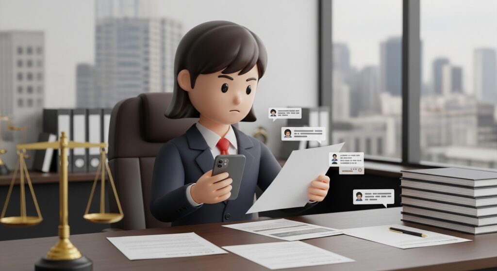 법률 상담 자료와 휴대폰 기록을 함께 확인하는 장면