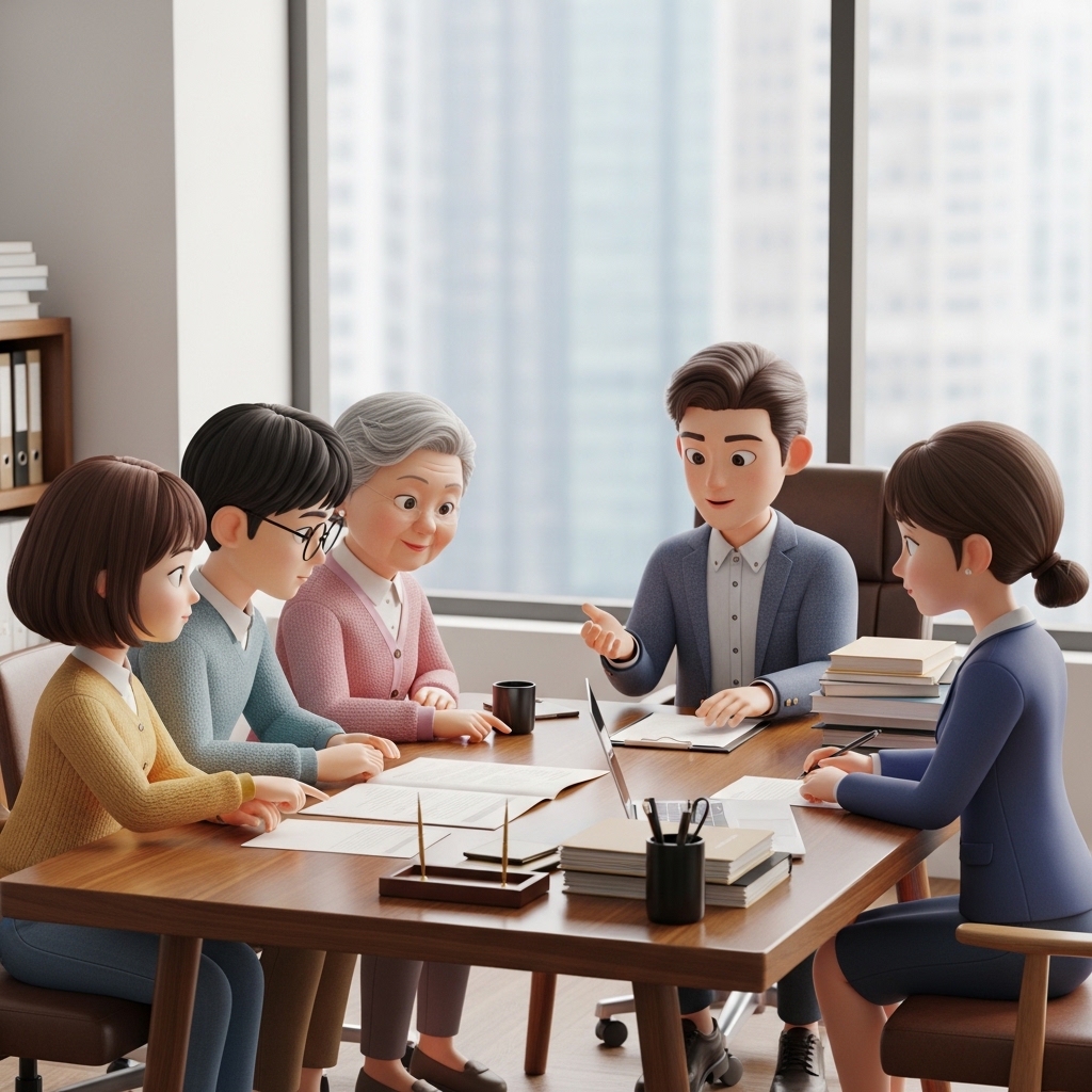 변호사와 상담하며 서류를 확인하는 장면