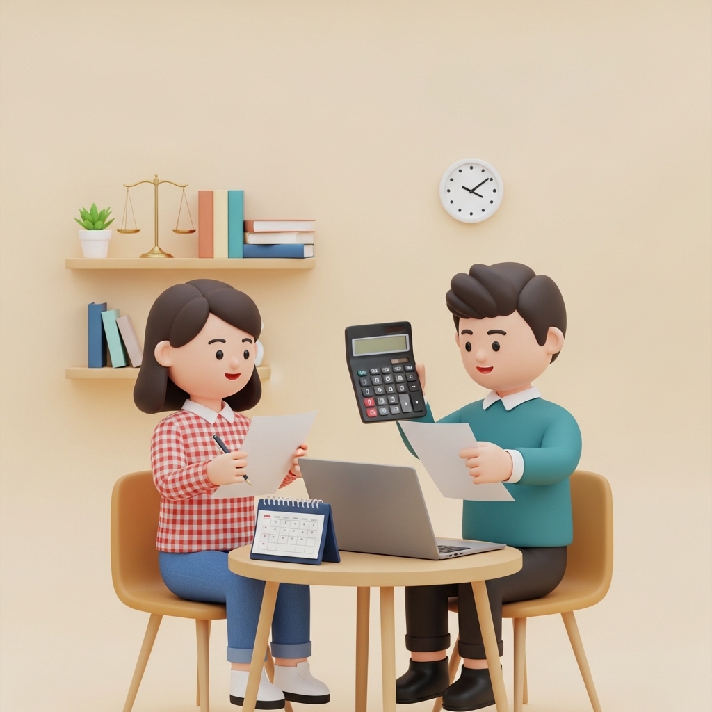 일상복을 입은 사람들이 개인회생 상담 서류와 변제금 계산을 확인하는 장면