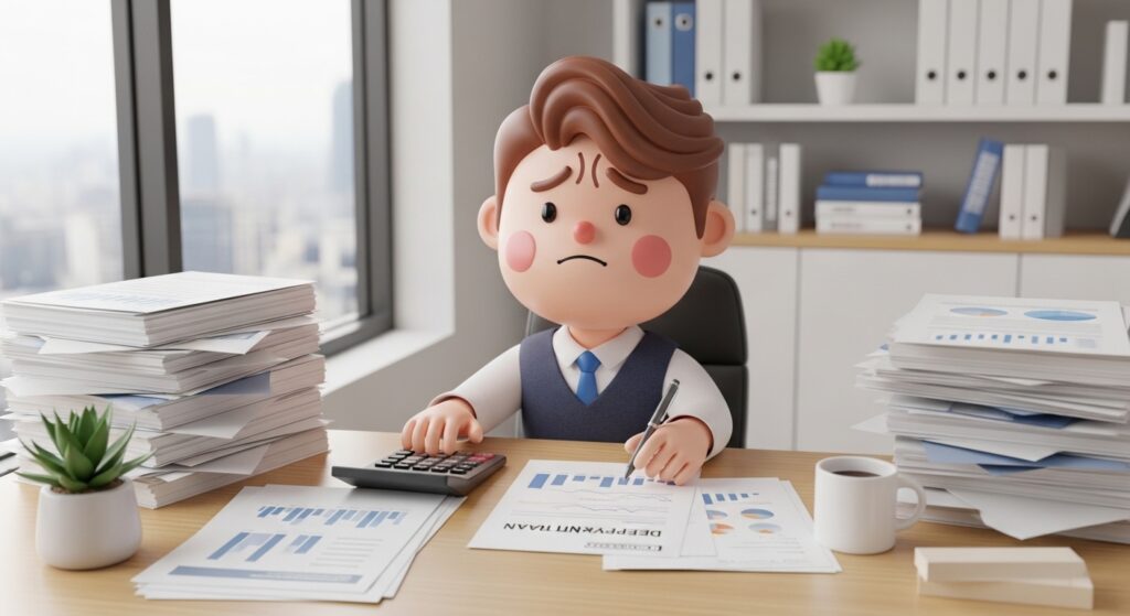 채무 서류와 계산기를 보며 개인회생 비용을 계산하는 장면