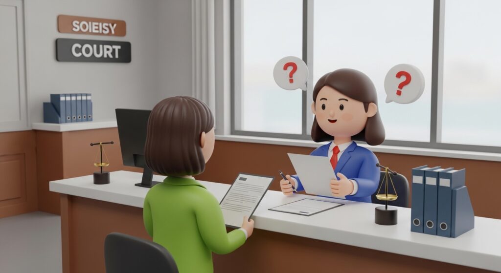 법원 상담창구에서 서류를 들고 상담받는 장면