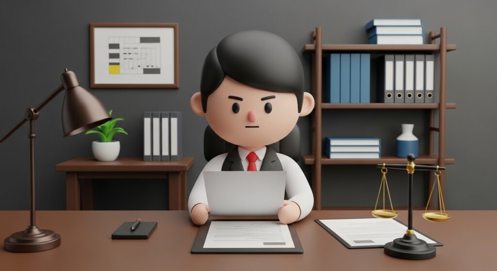 법률 상담을 위해 변호사와 서류를 검토하는 장면