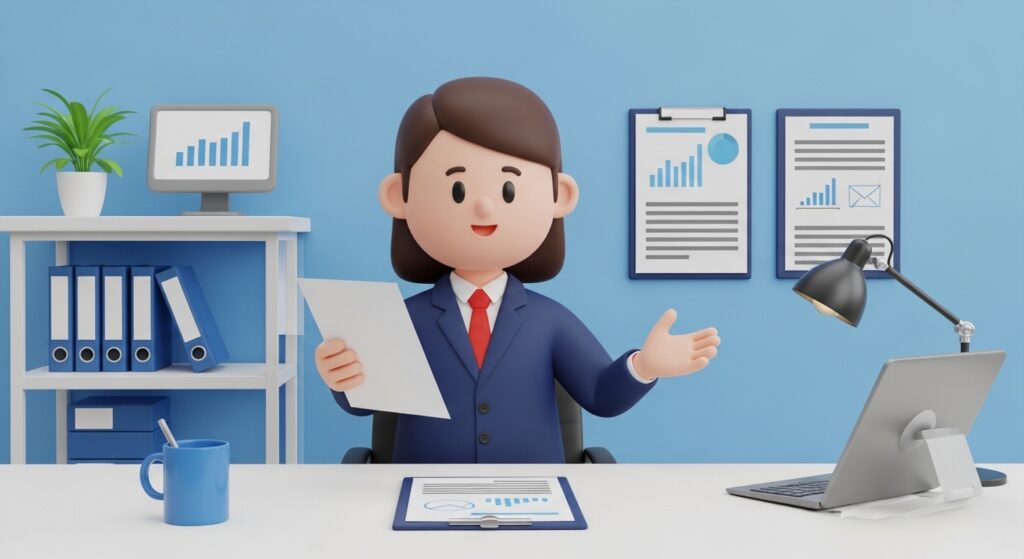 서류를 들고 채무 상담을 받고 있는 장면