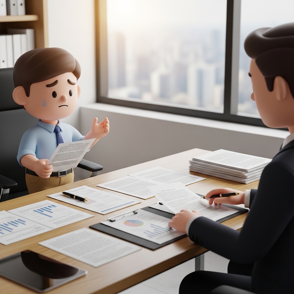 변호사와 무료상담을 하며 서류를 확인하는 장면