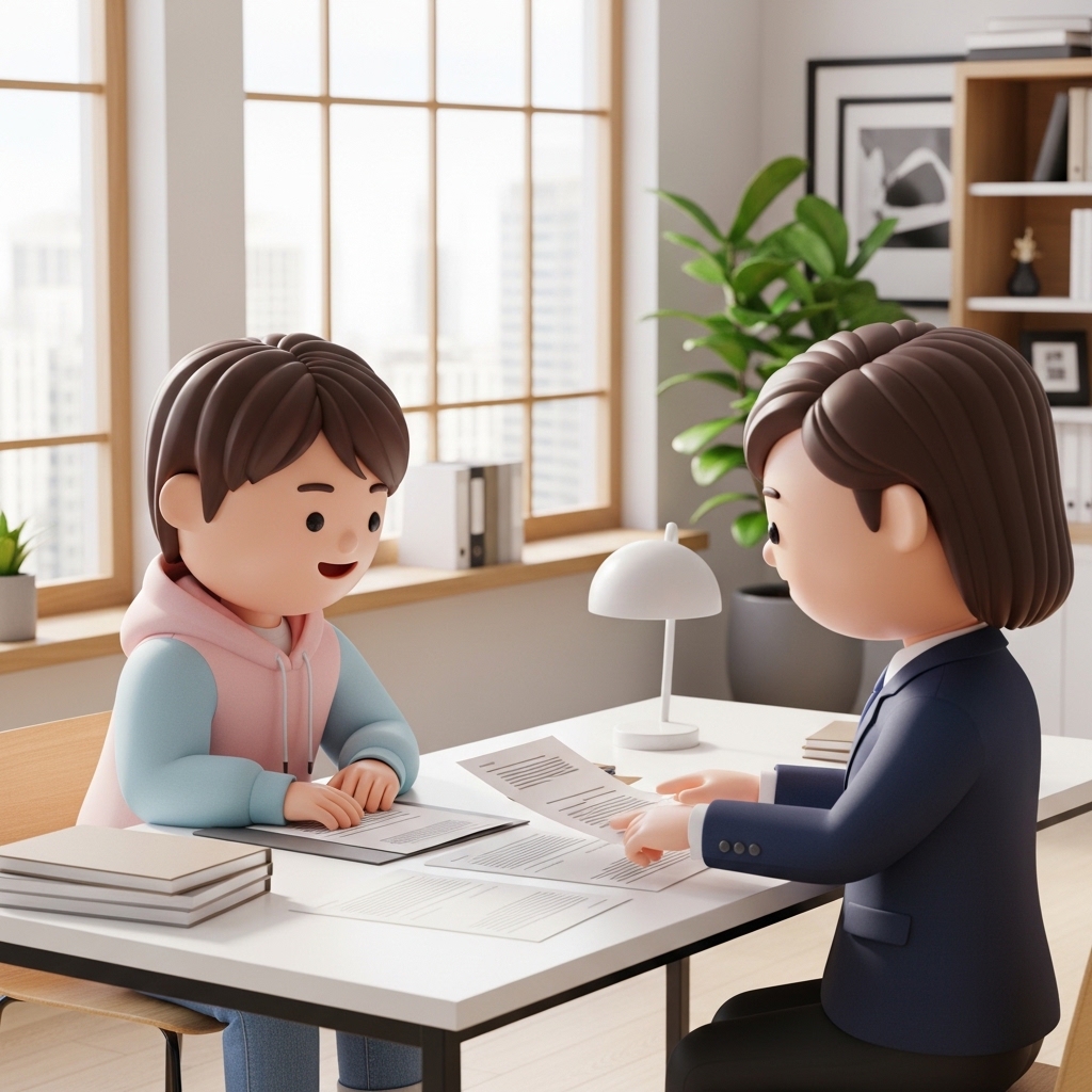 법률 상담을 받기 위해 서류를 준비하며 상담을 진행하는 모습