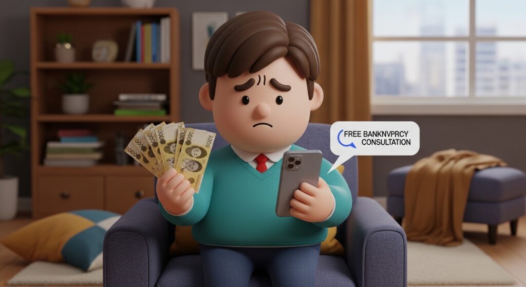 빚 관련 서류를 들고 무료상담을 검색하는 모습