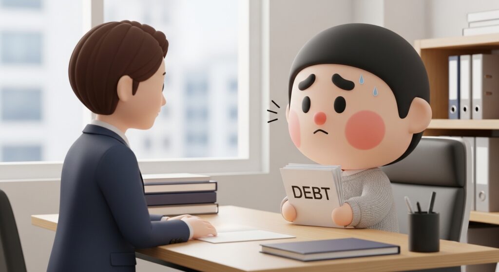 법률 상담을 받으며 회생파산을 고민하는 모습