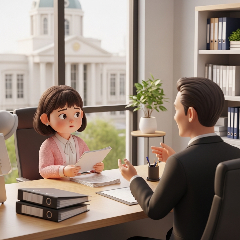 법원 근처에서 무료 법률상담을 받는 장면