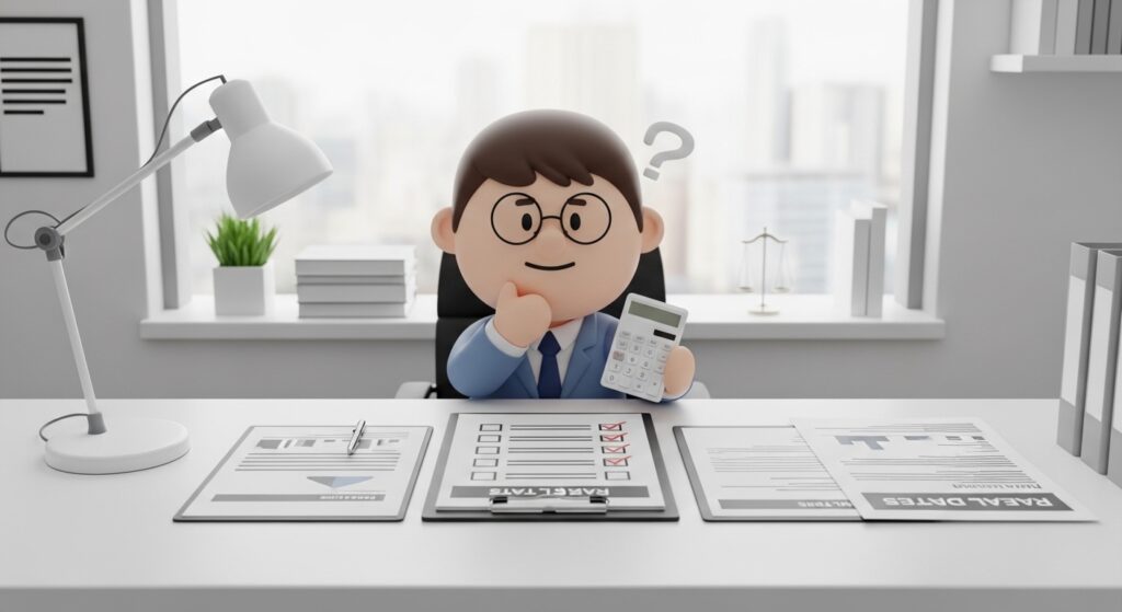 서류와 계산기를 보며 법무사 비용을 확인하는 장면