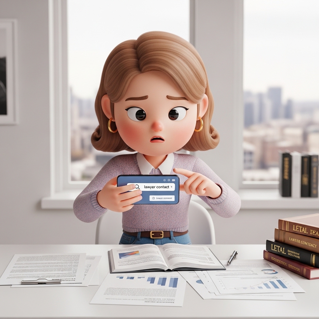 스마트폰으로 변호사 전화번호를 찾으며 상담을 준비하는 모습