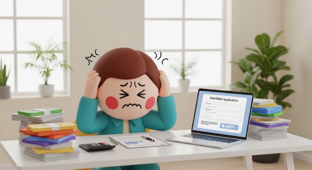 인터넷으로 개인회생 신청 정보를 확인하며 고민하는 모습