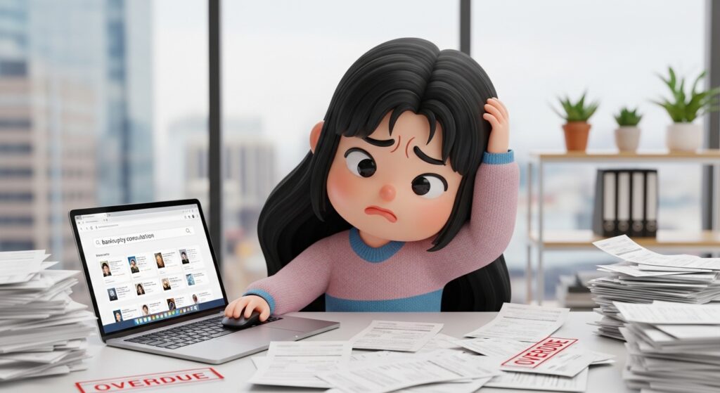 스마트폰과 서류를 보며 파산상담을 검색하는 모습