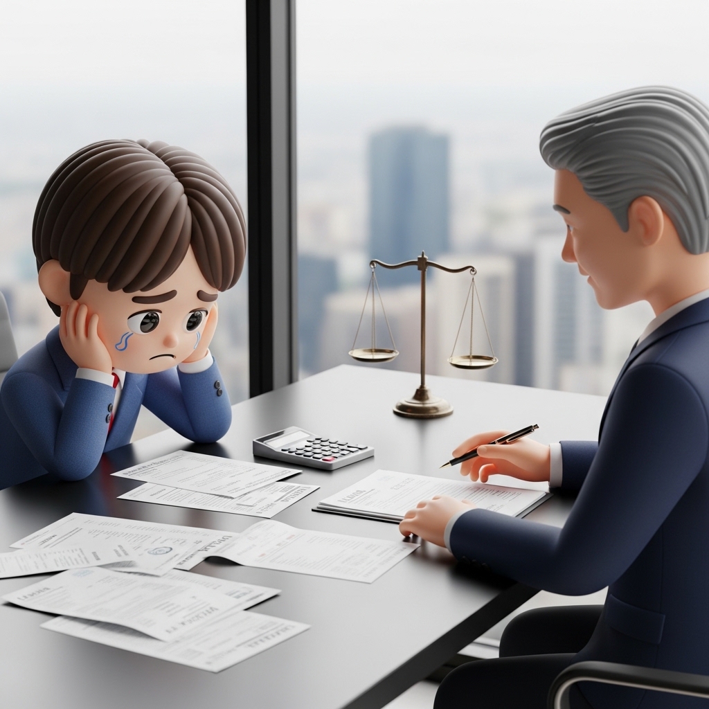 채무 문제로 상담을 받으며 서류를 확인하는 장면