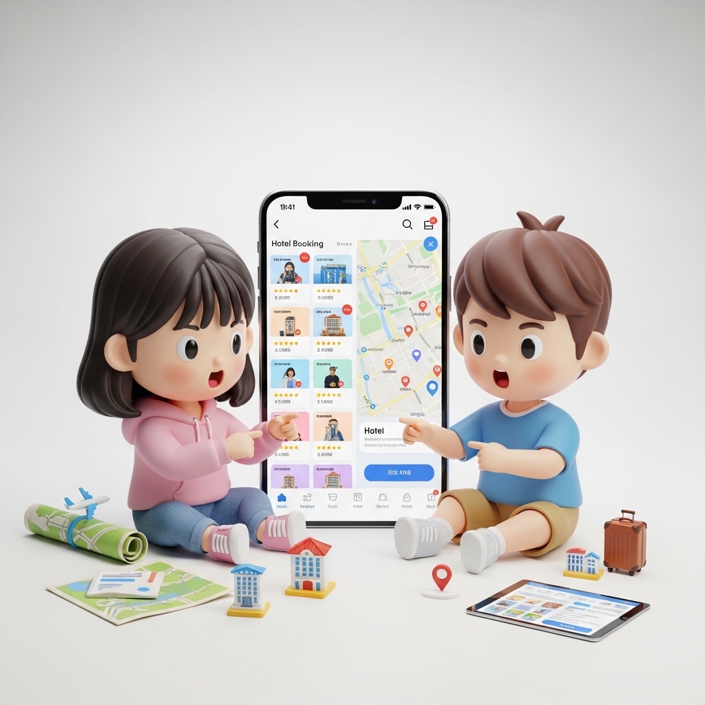 스마트폰으로 숙소 예약 사이트를 비교하며 여행을 준비하는 장면