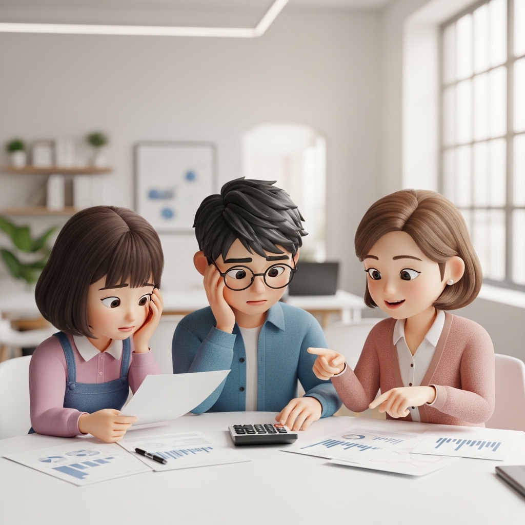 서류를 보며 파산 상담을 진행하는 장면