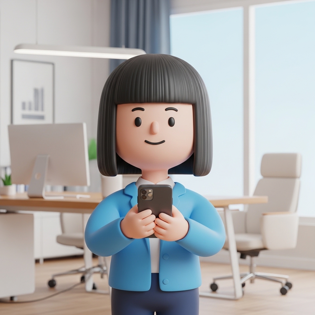 스마트폰으로 법률 상담 예약을 진행하는 귀여운 캐릭터 모습