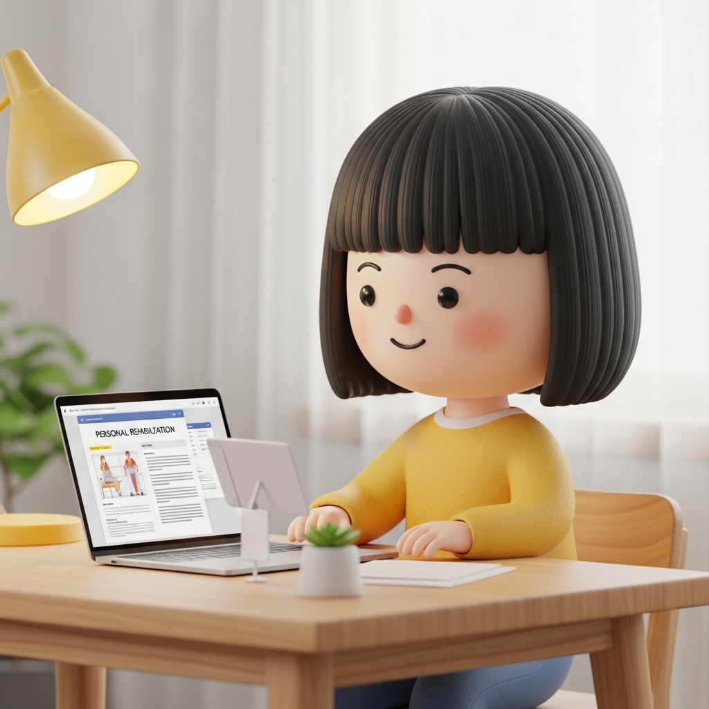 개인회생 서류를 확인하며 노트북을 보는 귀여운 캐릭터 모습