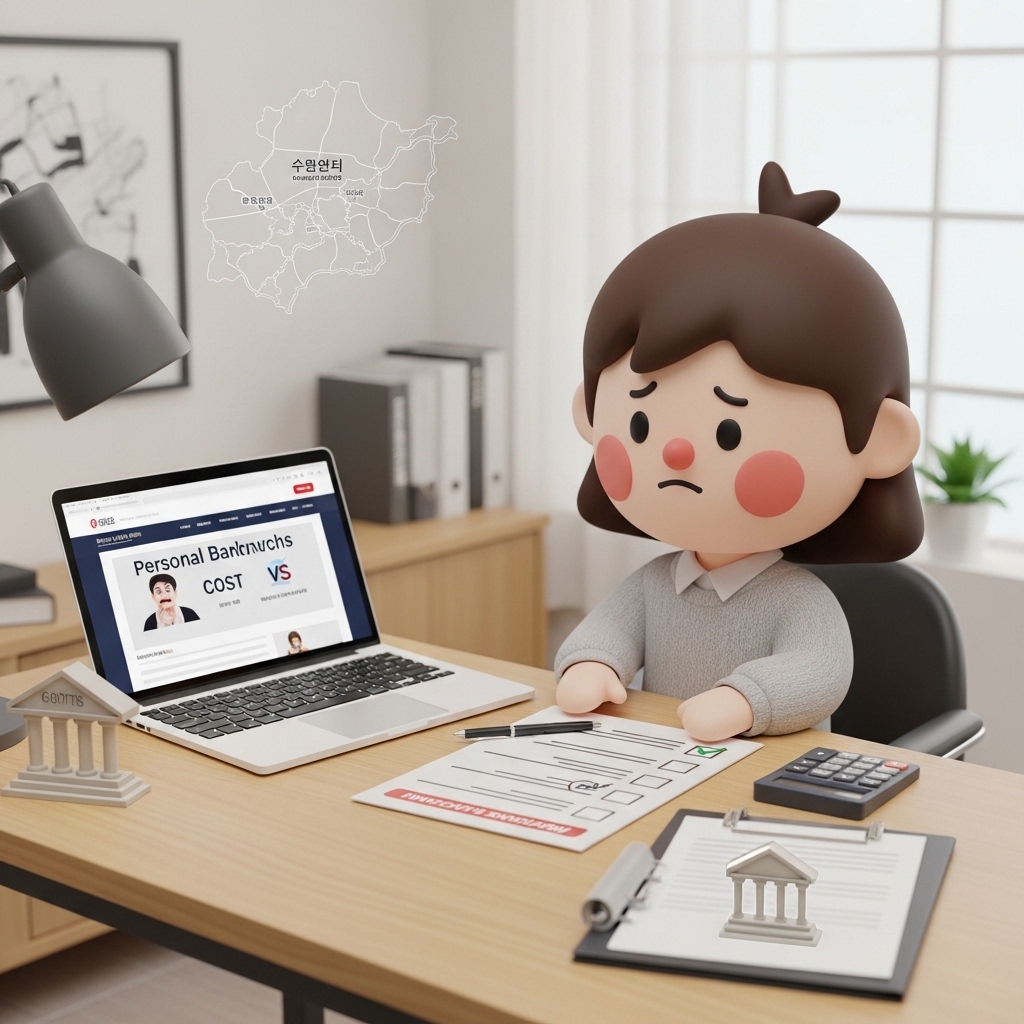 노트북과 서류를 보며 개인파산 비용을 비교하는 장면