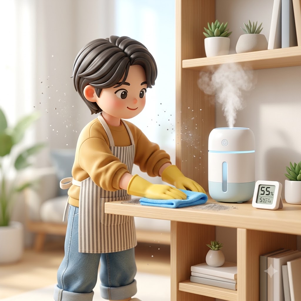 집에 먼지가 많이 생기는 이유와 실내 습도를 확인하는 모습