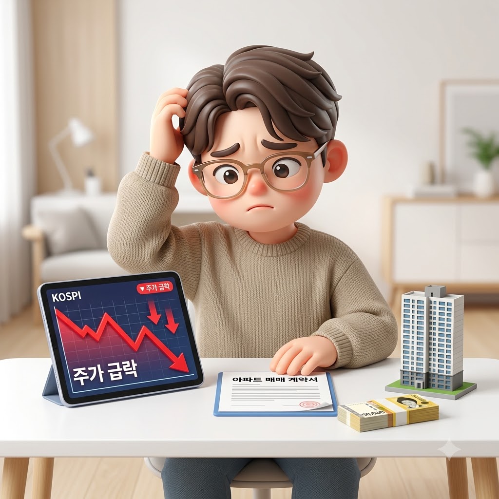 코스피 급락으로 주택 계약금 부족을 확인하는 모습