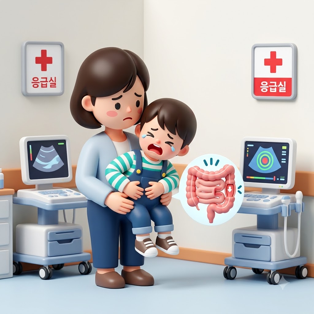 장중첩증 초기증상으로 복통을 호소하는 아이 모습